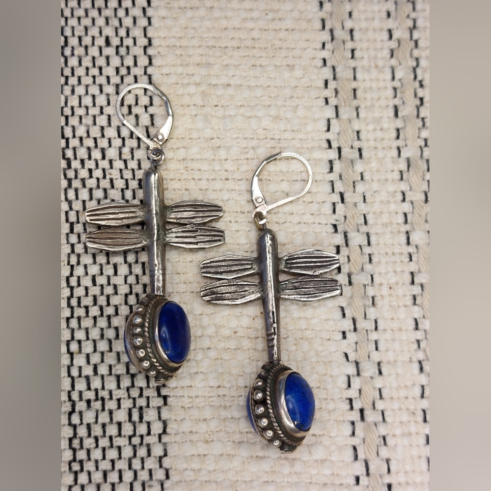 Vintage Sterling Silver Lapis Dragonfly Earrings Double-Sided Rotating Design - Picture 3 of 11